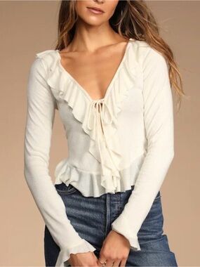 Free People Cream Ruffle Tie-Front Long Sleeve Top
